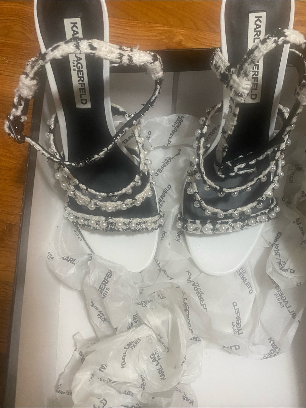Karl Lagerfeld Black & White Pearl-Accented Tweed Strappy Heels - Picture 10 of 13
